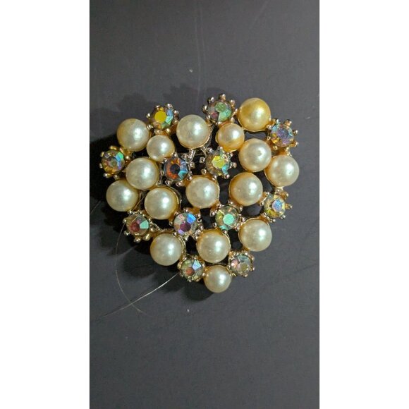 Vintage Faux Pearl  and Auroraborealis Rhinestone floral  Brooch Pin Jewelry - Picture 4 of 5